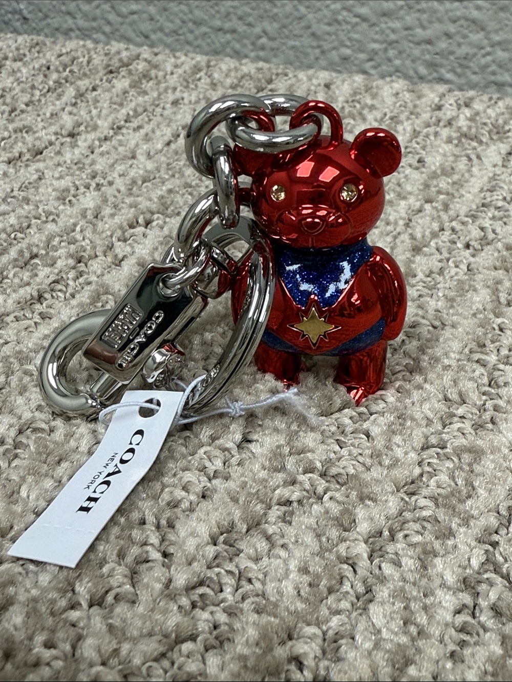 Coach X Captain Marvel Red Bear Keychain Charm with Star Detail